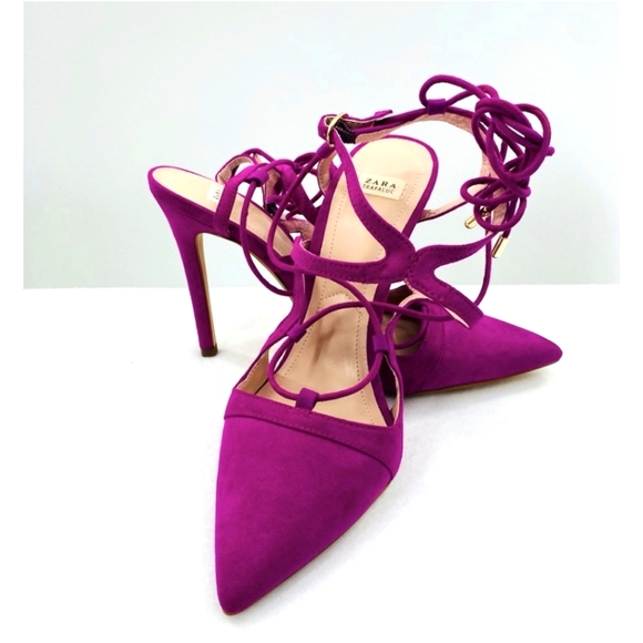 Zara Trafaluc Fuchsia Point Toe Lace up High Heel - Picture 3 of 5